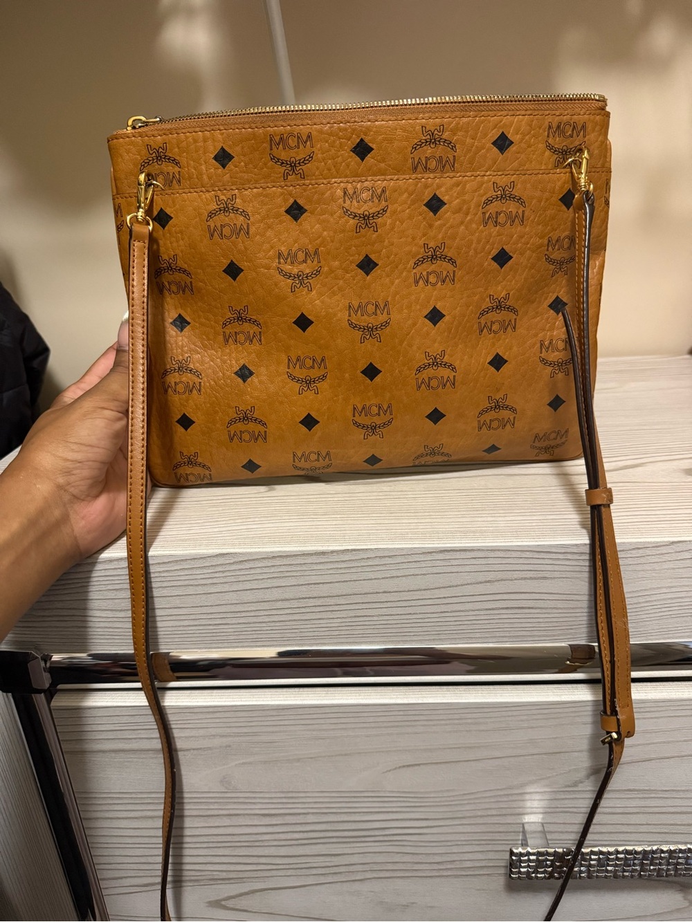 MCM Cognac Visetos Logo Crossbody with Gold Hardware